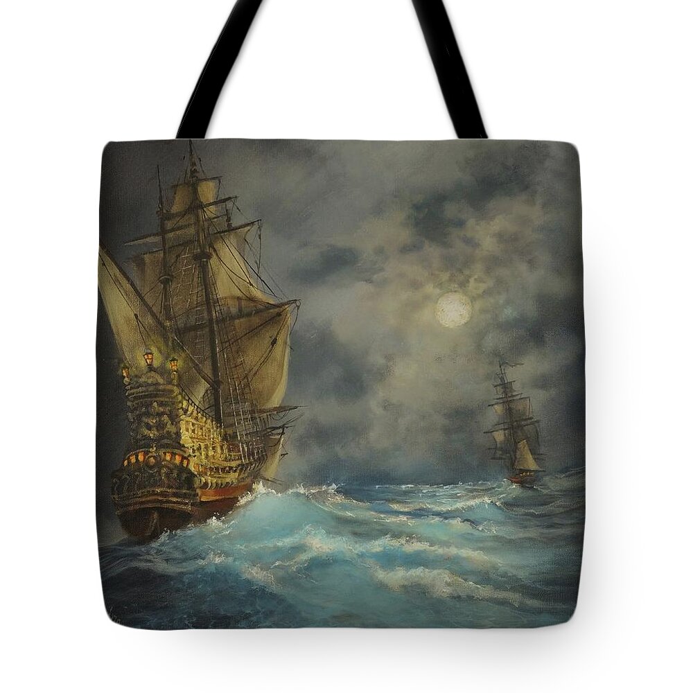 Pirate Ship Tote Bag featuring the painting In Pursuit by Tom Shropshire