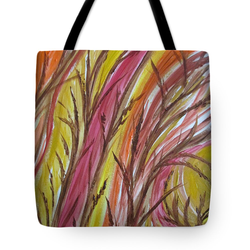 Abstract Fall Autumn Season Wind Magenta Gold Yellow Orange Burnt Umber Brown Tote Bag featuring the painting In Rushes Fall by Sharyn Winters