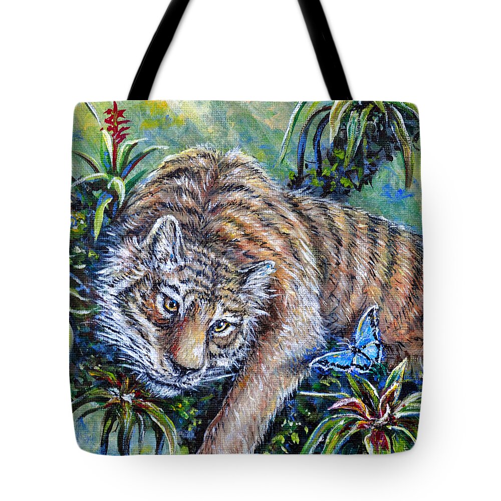 Nature Tiger Rainforest Butterfly Tote Bag featuring the painting In The Eye Of The Tiger by Gail Butler