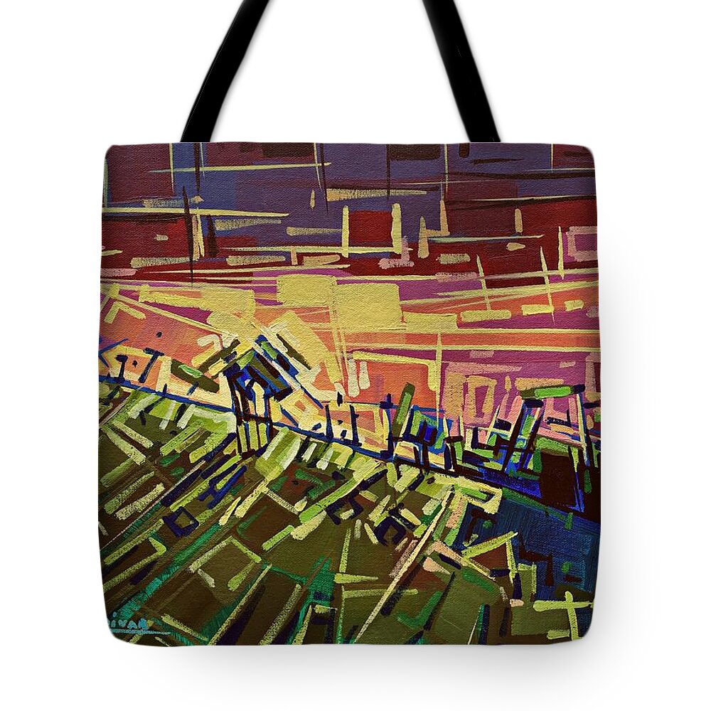Sunset Tote Bag featuring the painting In the middle of the mountain by Enrique Zaldivar