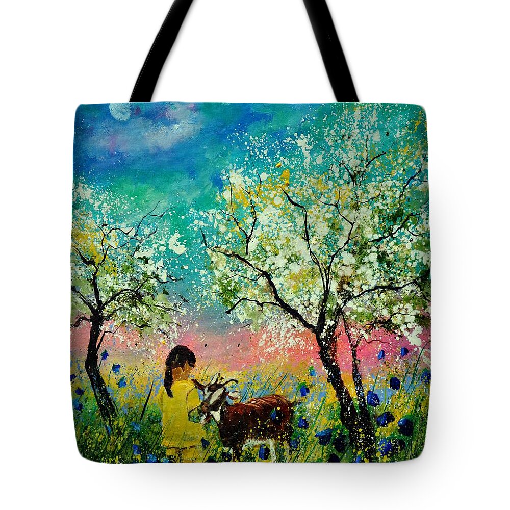 Landscape Tote Bag featuring the painting In the orchard by Pol Ledent