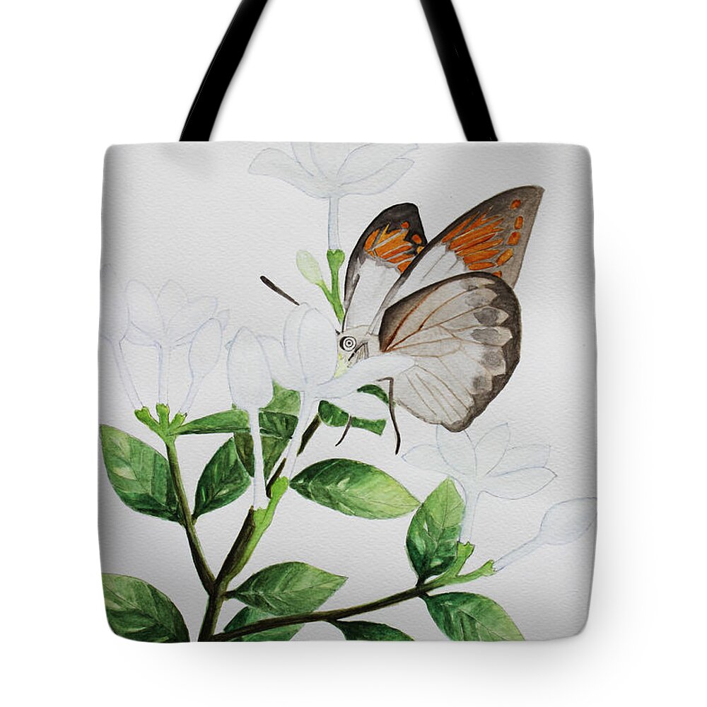 Watercolor Tote Bag featuring the photograph Inda flower and butterfly. by Sudarat Wilairat