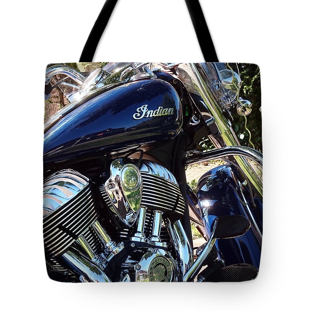 #photographed #indian #adventure #sony # Sonyxperiaz2 #jacquelineschreiber #focus #motorcycle #offroad #style #moto #xperia #photo #polarisindianchiefvintage Tote Bag featuring the photograph Indian -2 by Jacqueline Schreiber