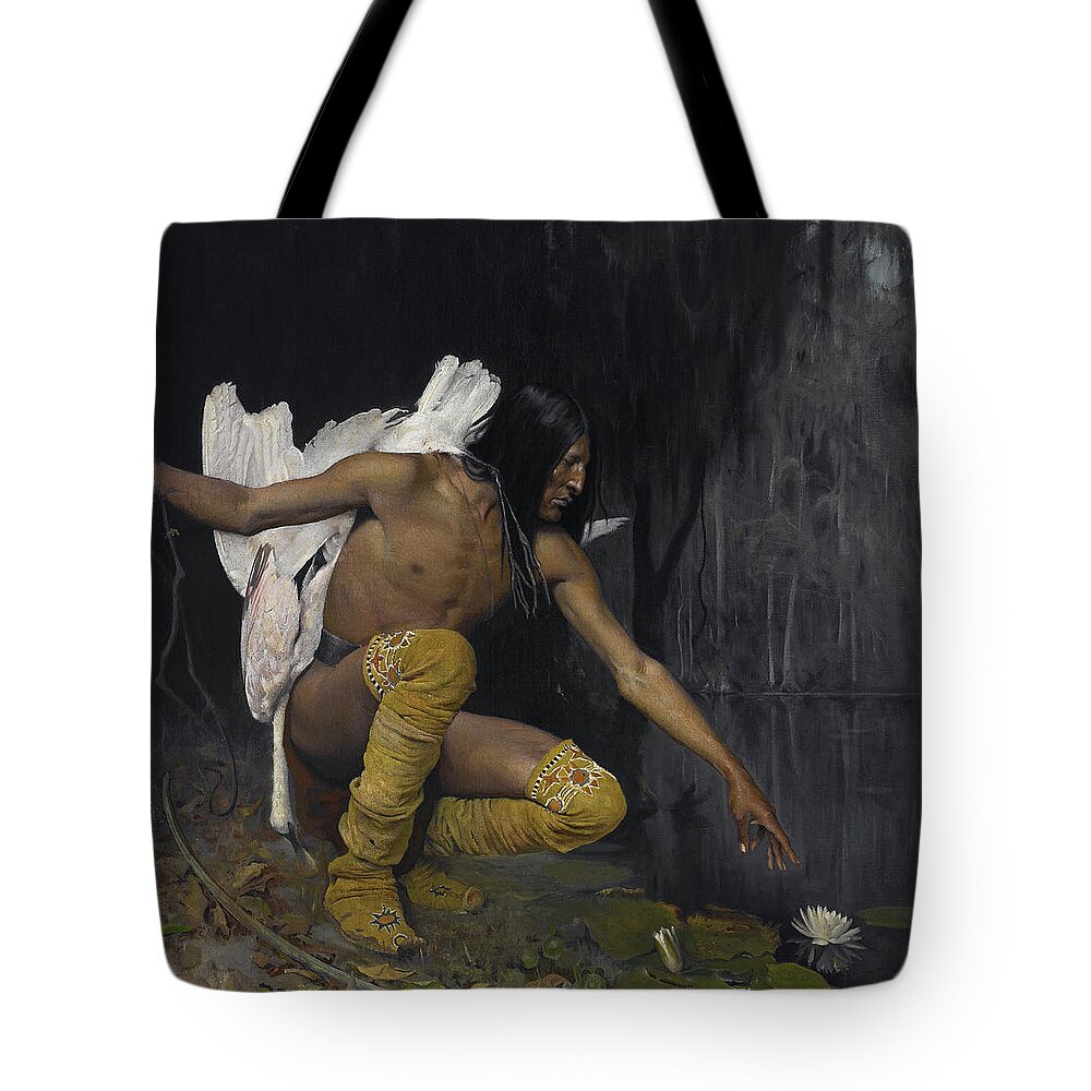 George De Forest Brush B. 1855. D. 1941. Tote Bag featuring the painting Indian And The Lily by MotionAge Designs