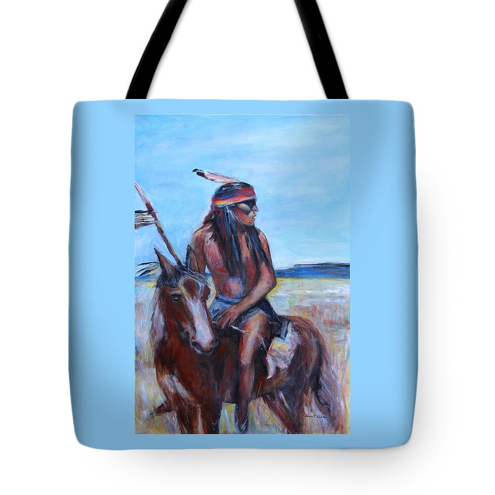 Young Indian Brave Tote Bag featuring the painting Indian on horseback by Denice Palanuk Wilson