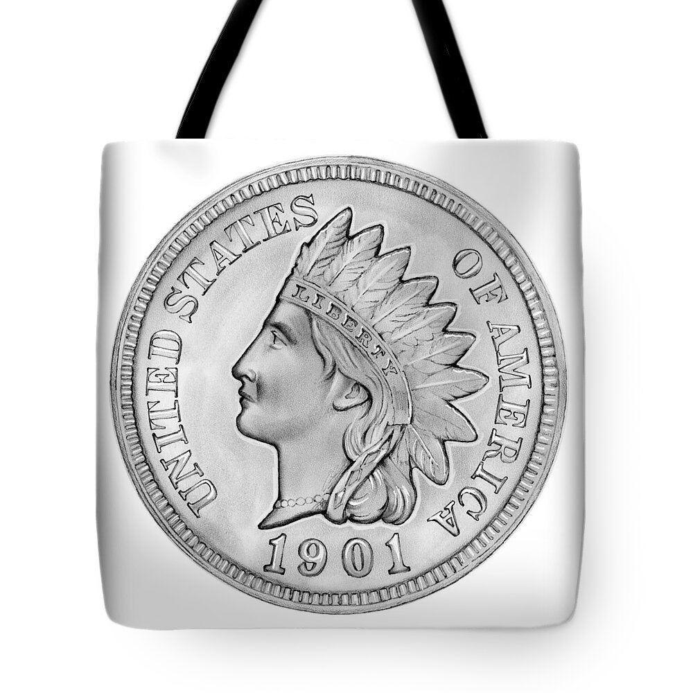 Indian Penny Tote Bag featuring the drawing Indian Penny by Greg Joens