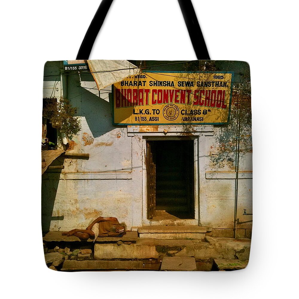 Indian Siesta Old Man Sleeping At The Convent School Tote Bag featuring the photograph Indian siesta by Matt Mather