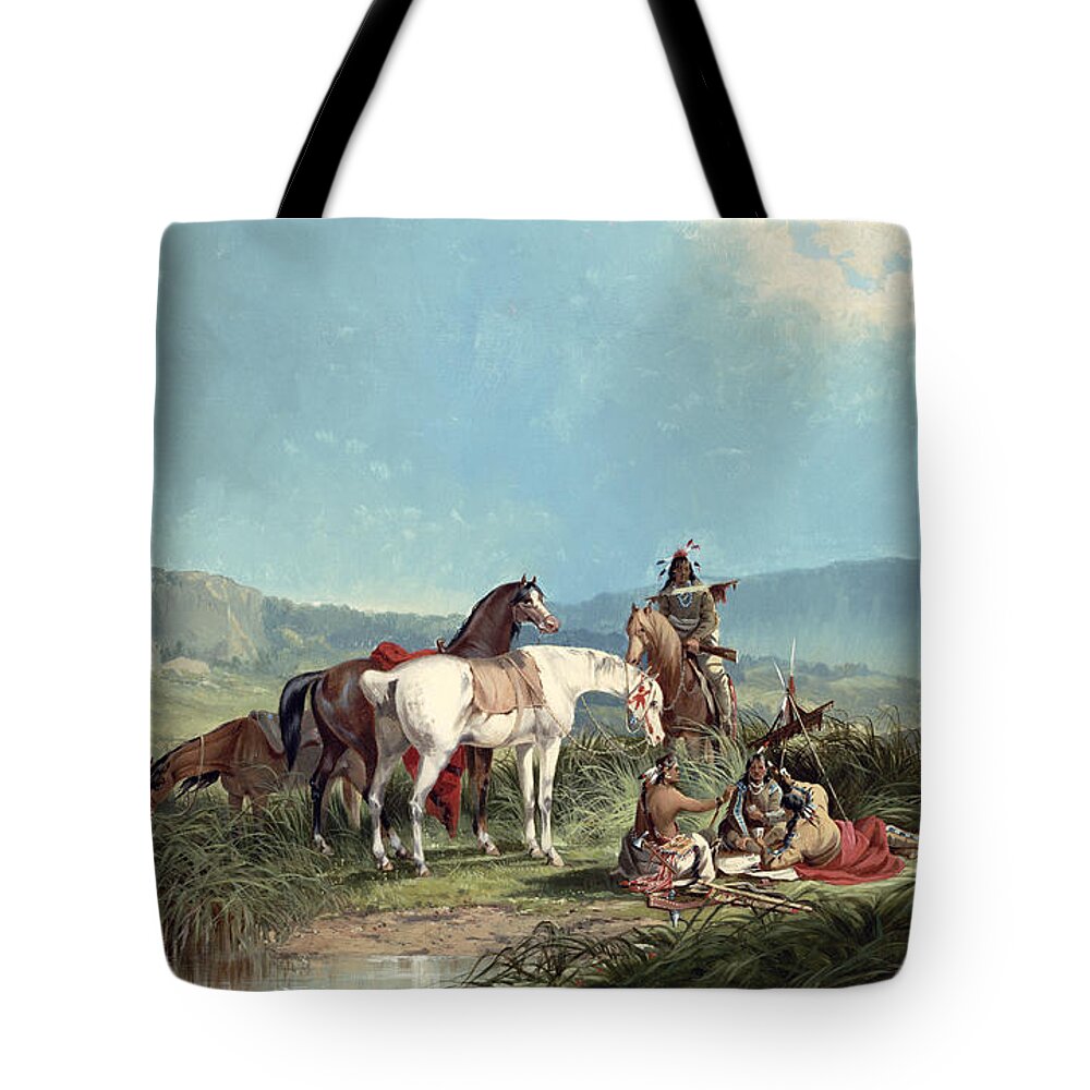 Indians Tote Bag featuring the painting Indians Playing Cards by John Mix Stanley