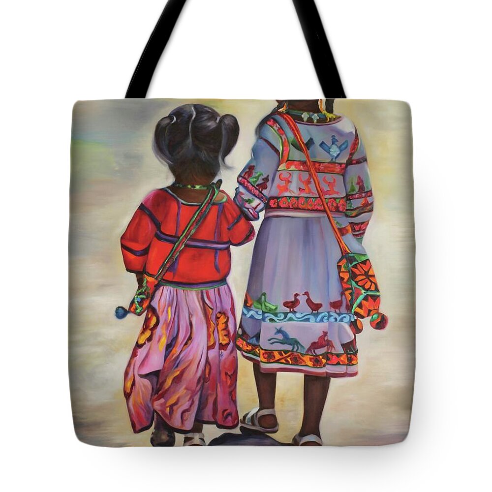 Native Tote Bag featuring the painting Indigenous Sisters - Nayarit by Barbara Rivera
