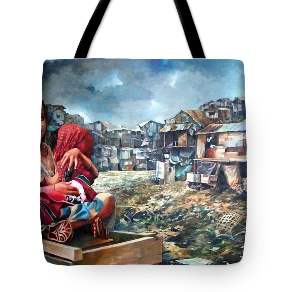 Poverty In Philippines Tote Bag featuring the painting Indigent Life by Bong Perez