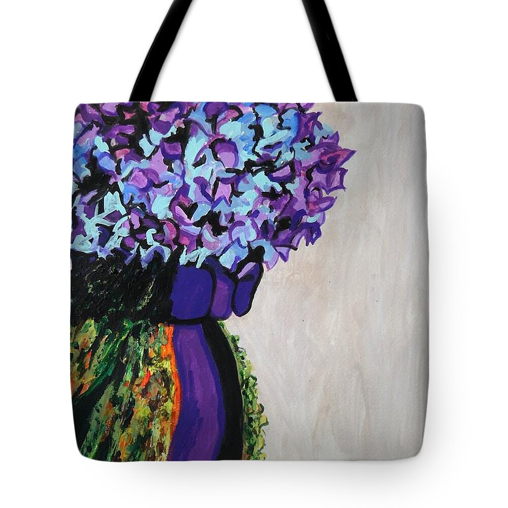 Indigo Flowers For Ma Tote Bag featuring the painting Indigo Flowers for Ma by Esther Newman-Cohen