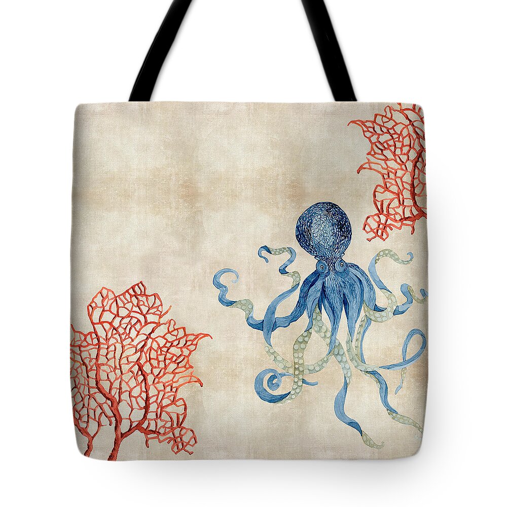 Octopus Tote Bag featuring the painting Indigo Ocean - Octopus Floating Amid Red Fan Coral by Audrey Jeanne Roberts