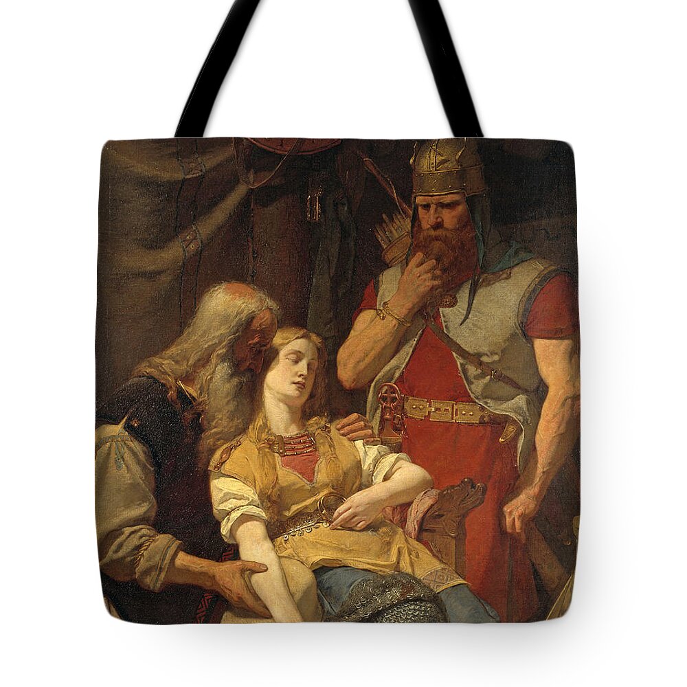 August Malmstrom Tote Bag featuring the painting Ingeborg Receiving News of Hjalmar's Death from Orvar Odd by August Malmstrom
