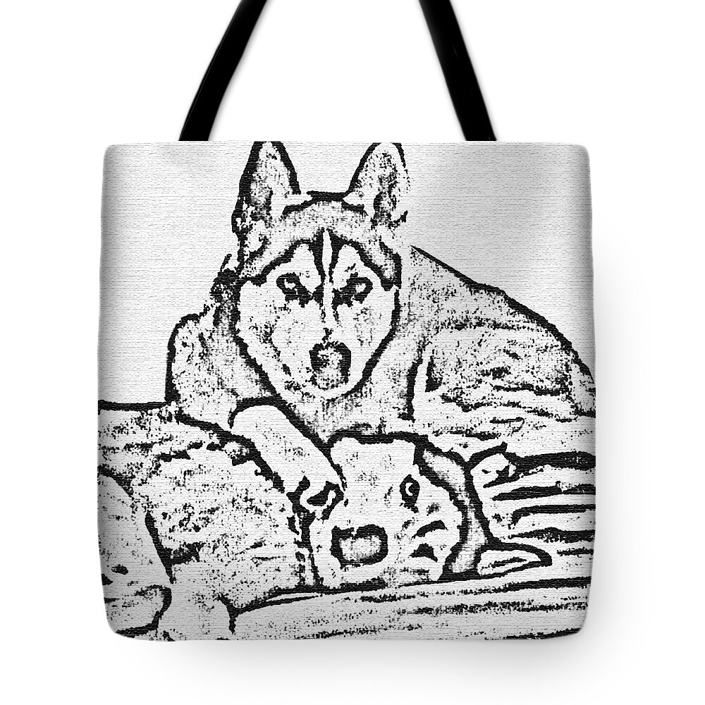 Abstract Tote Bag featuring the painting Ink Drawing Huskies by Mas Art Studio