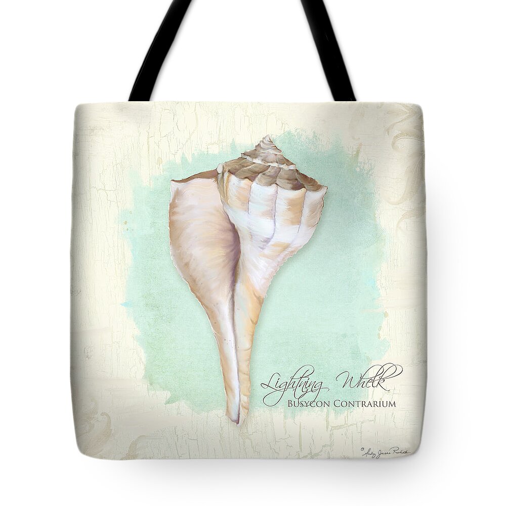 Lightning Whelk Shell Tote Bag featuring the painting Inspired Coast VII - Lightning Whelk Shell on Board by Audrey Jeanne Roberts