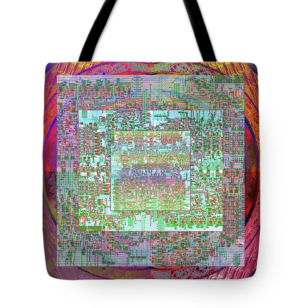 Intel Cpu Tote Bag featuring the digital art Intel 4004 CPU Silicon Wafer computer Chip Integrated Circuit Mask Abstract, Composition 1 by Kathy Anselmo