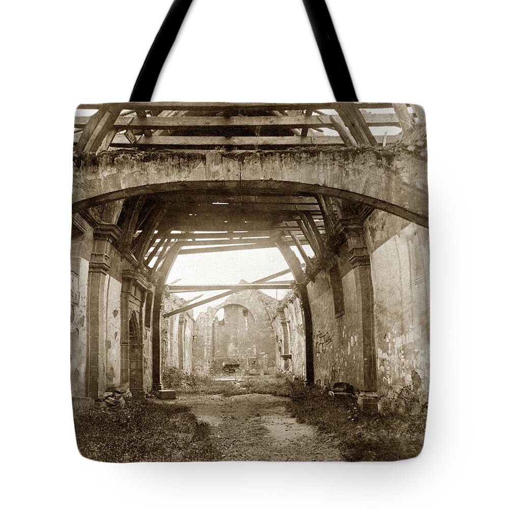 Interior Tote Bag featuring the photograph Interior of Carmel Mission looking towards the Altar. Circa 1880 by Monterey County Historical Society