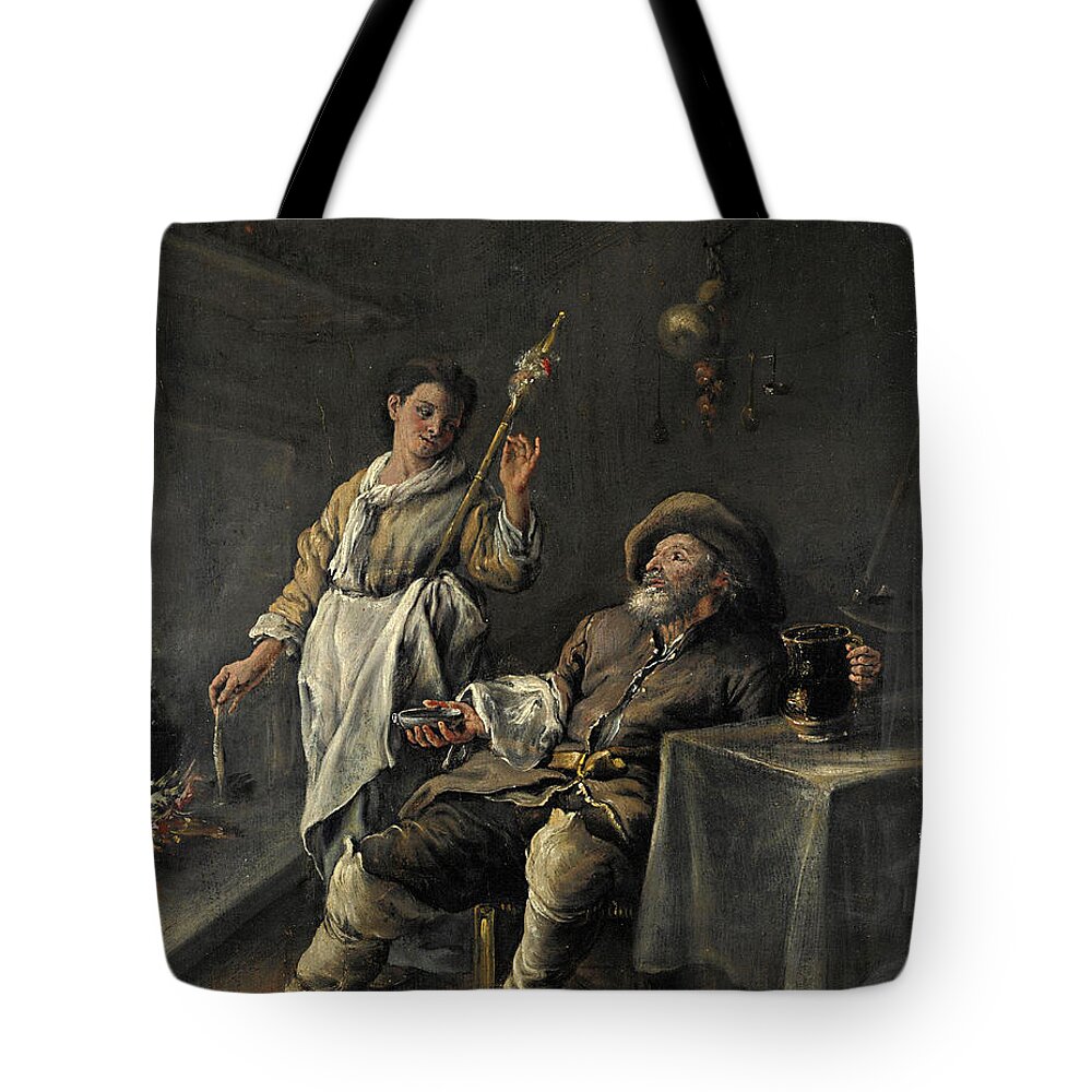 Domenico Guidobono Tote Bag featuring the painting Interior scene in front of a fireplace by Domenico Guidobono