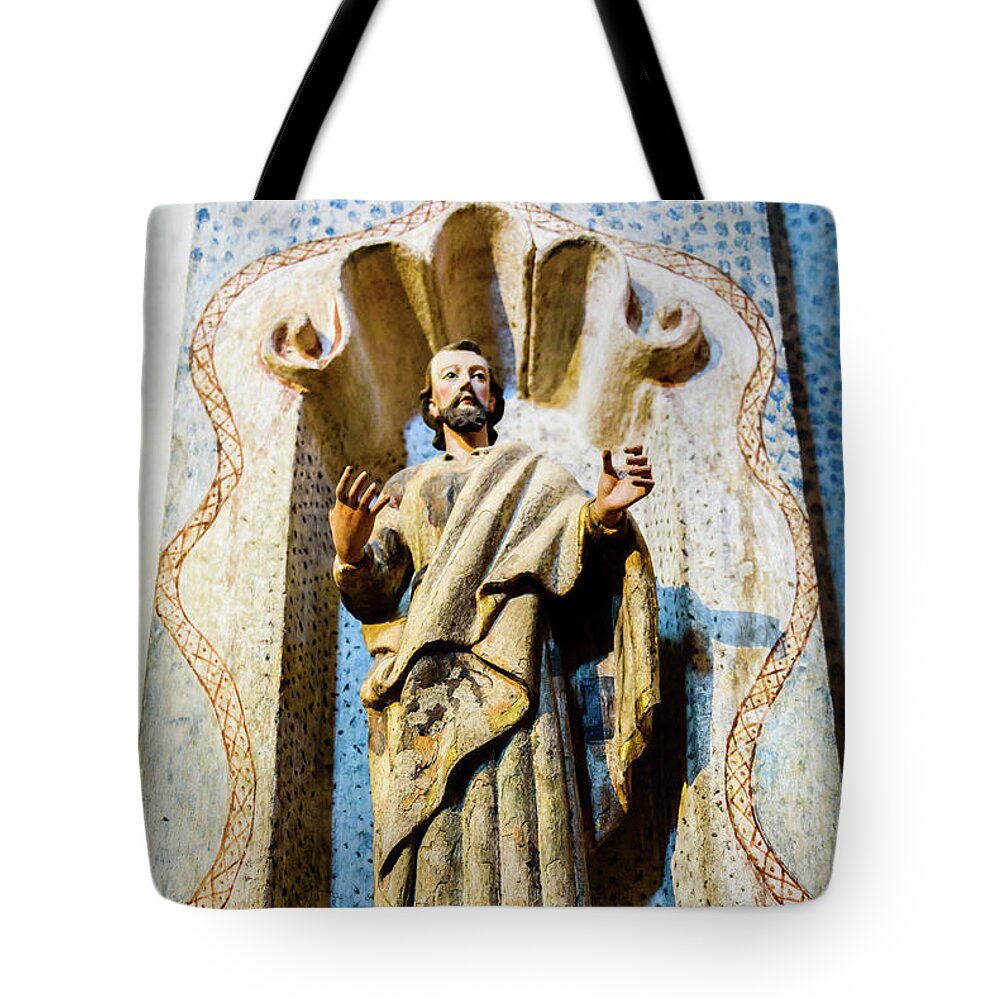 San Xavier Del Bac Mission Tote Bag featuring the photograph Interior Statue - San Xavier Mission - Tucson Arizona by Jon Berghoff