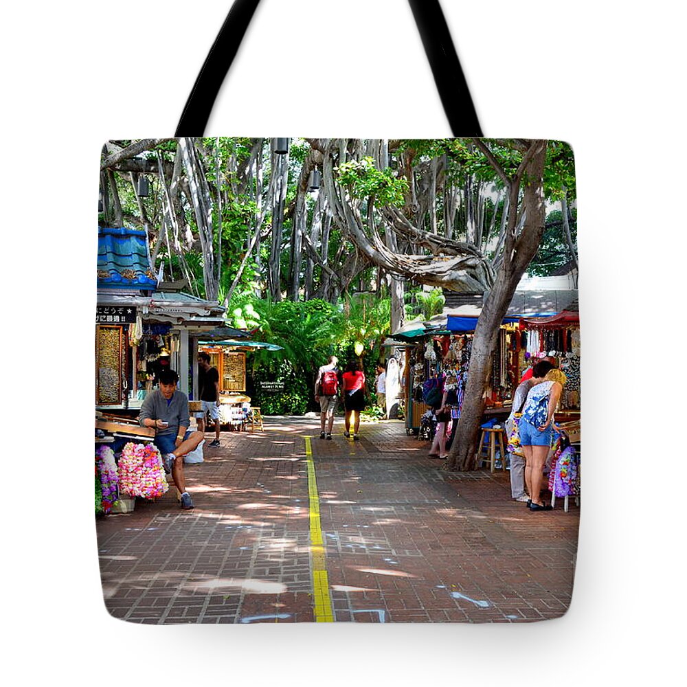 Marketplace Tote Bag featuring the photograph International Marketplace - Honolulu Hawaii by Mary Deal