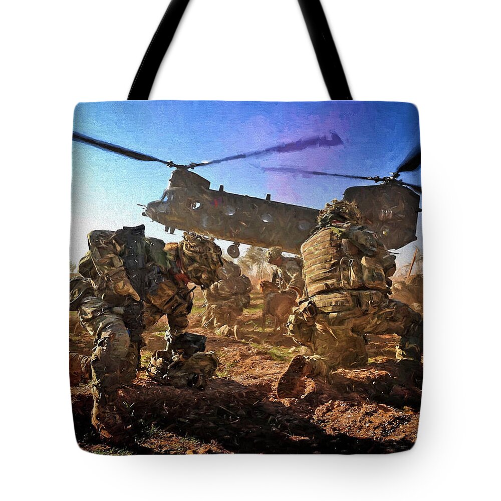 Army Tote Bag featuring the digital art Into Battle - Painting by Roy Pedersen