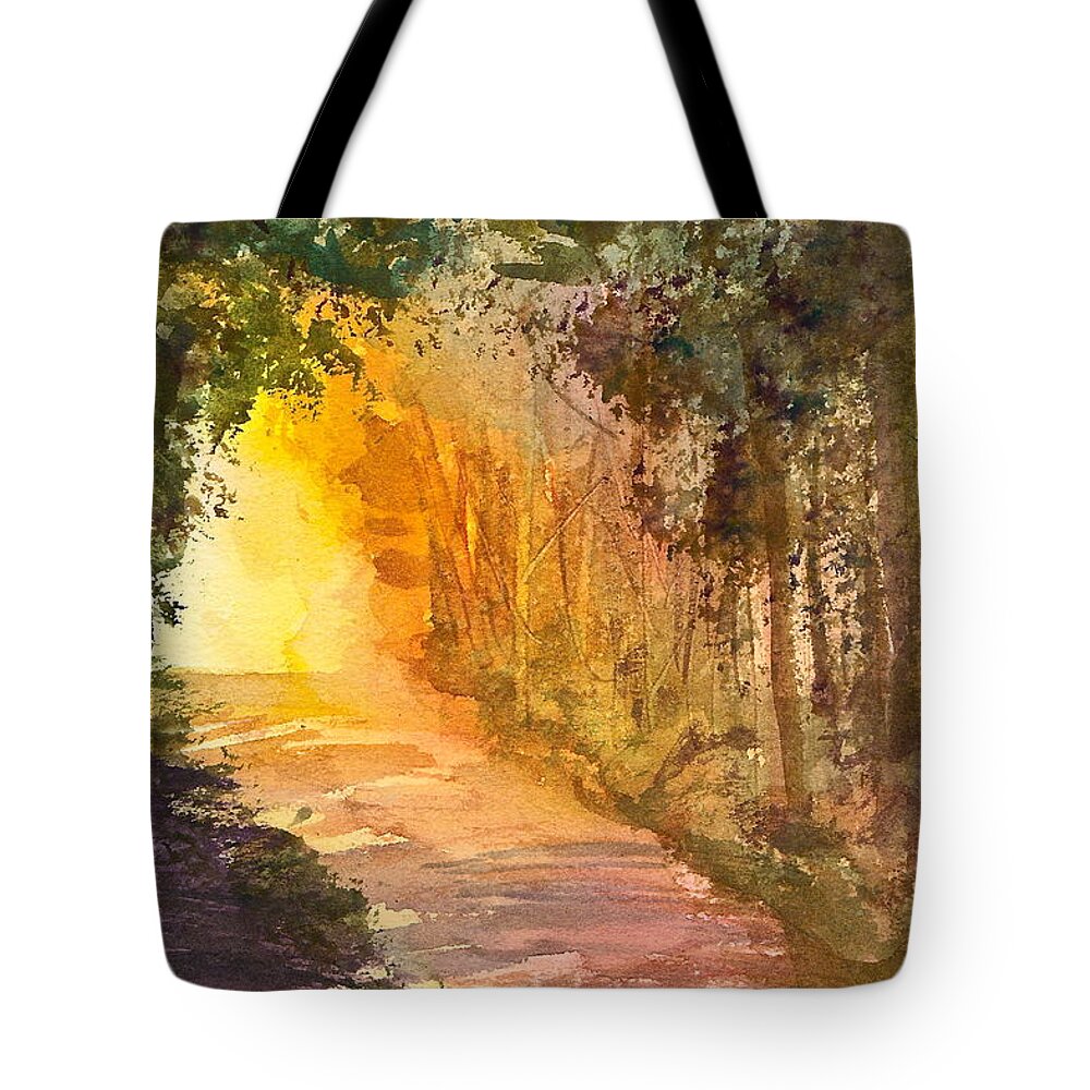 Path Tote Bag featuring the painting Into the Light by Frank SantAgata