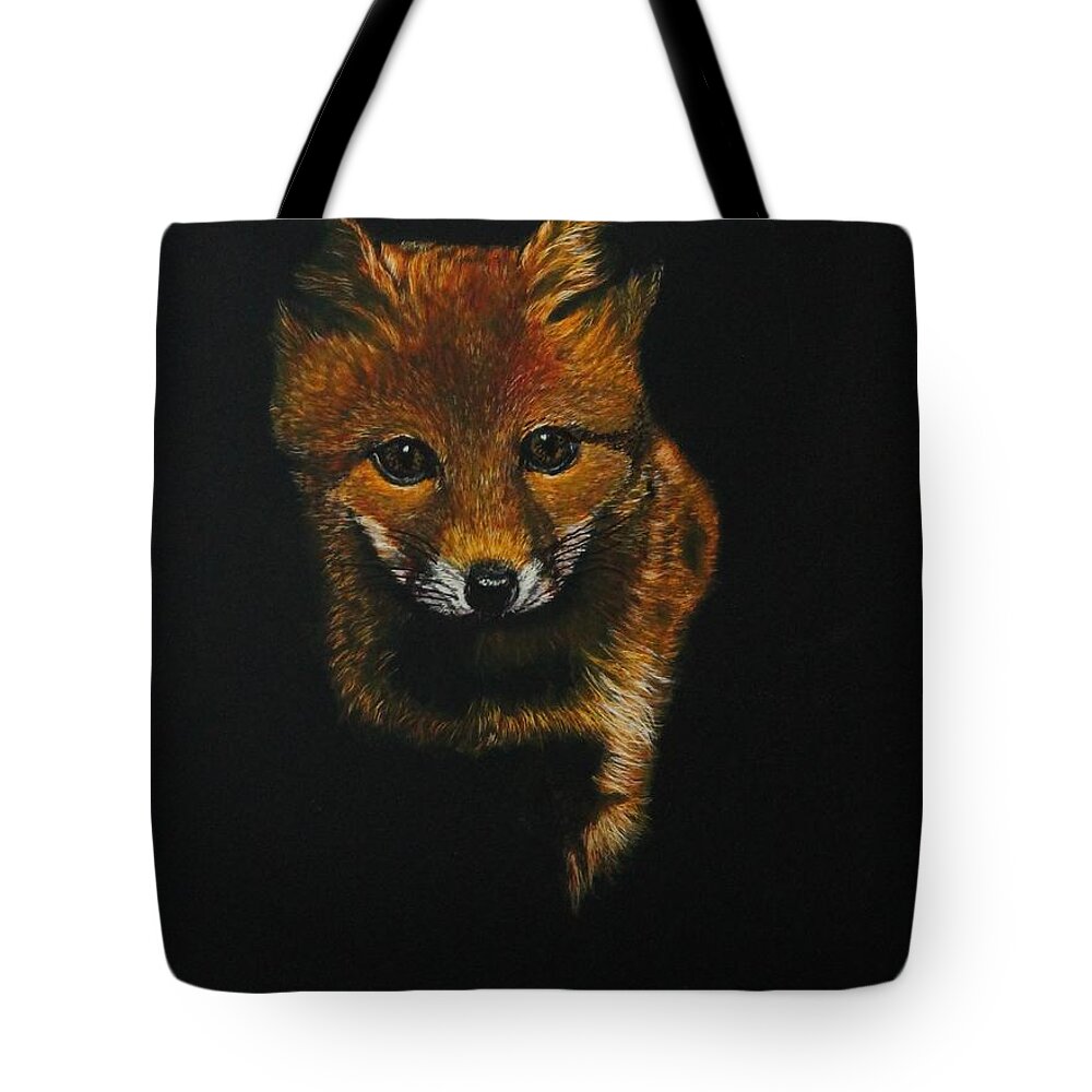 Fox Tote Bag featuring the painting Into The Light......Fox Kit by Bob Williams
