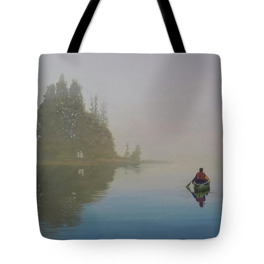 Canoe Tote Bag featuring the painting Into the Mistic by Kenneth M Kirsch