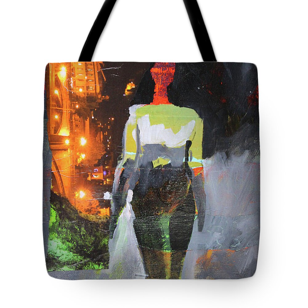 Abstract Figure Collage Tote Bag featuring the mixed media Into the Night by Nancy Merkle