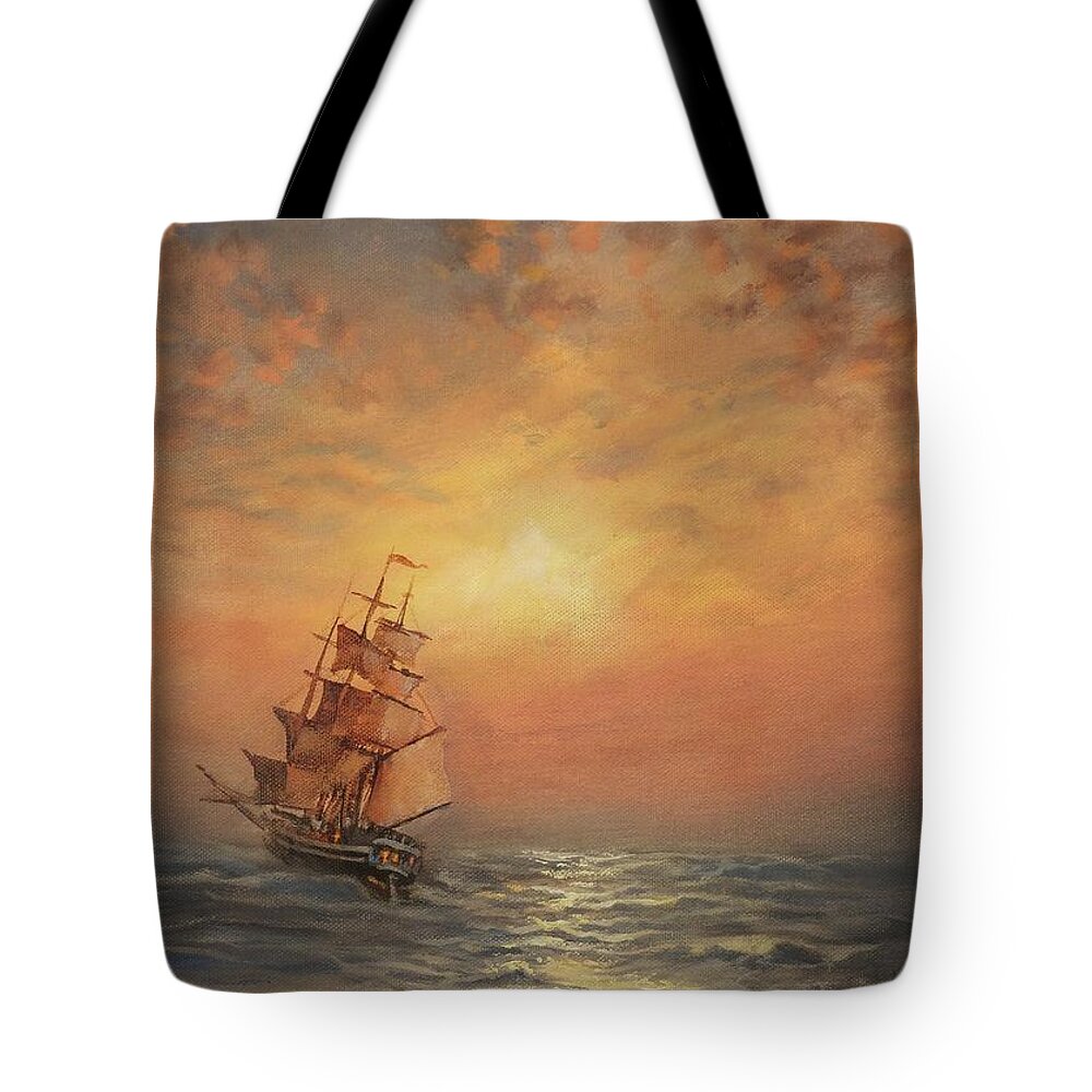 Sailing Ship Tote Bag featuring the painting Into the Sunset by Tom Shropshire