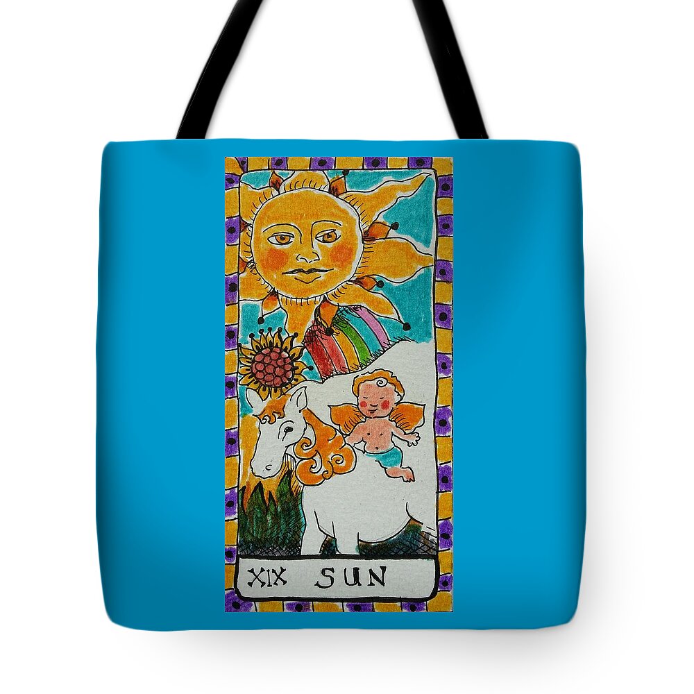 Tarot Tote Bag featuring the drawing Intuitive Catalyst Card - Sun by Corey Habbas