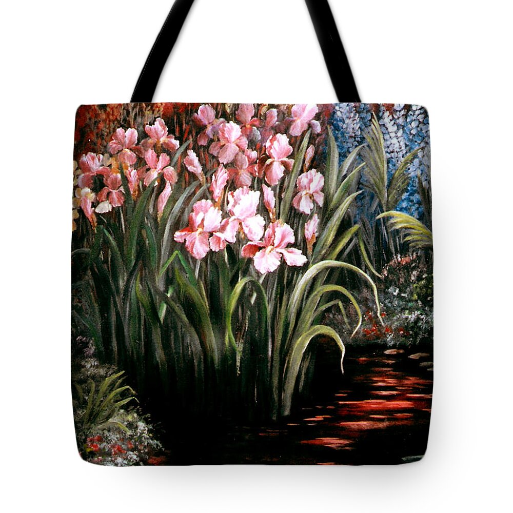 Floral Tote Bag featuring the painting Iris By The Pond by Patricia Rachidi