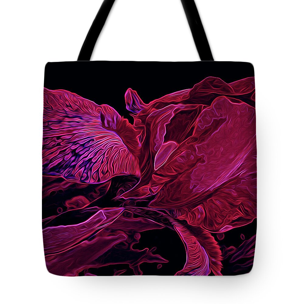 Iris Tote Bag featuring the photograph Iris Deep Red Glow by Lynda Lehmann