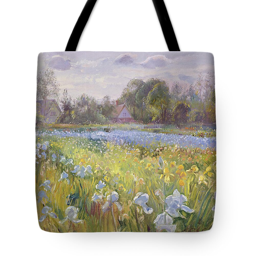 Iris Field In The Evening Light Tote Bag featuring the painting Iris Field in the Evening Light by Timothy Easton