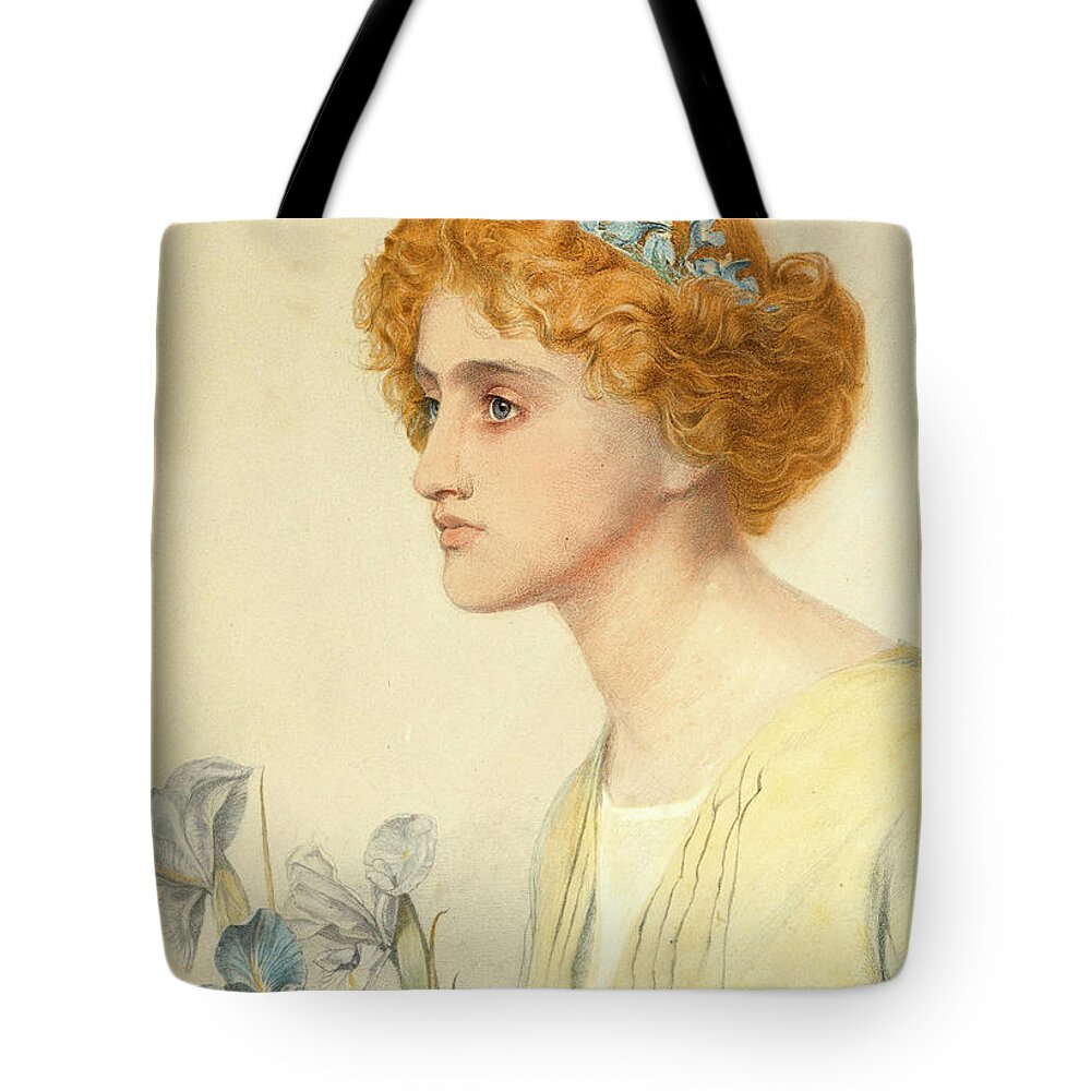 Frederick Sandys Tote Bag featuring the drawing Iris by Frederick Sandys