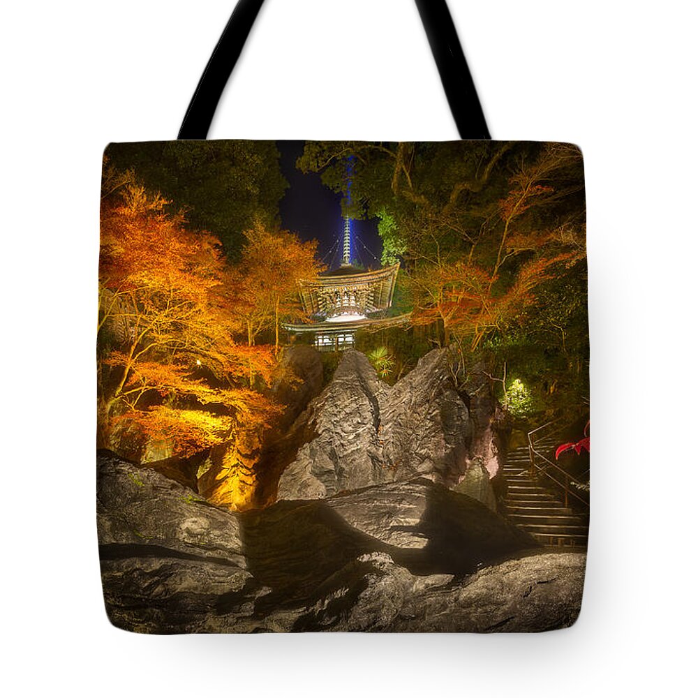 Temple Tote Bag featuring the photograph Ishiyama Temple at night by Yu Kodama Photography
