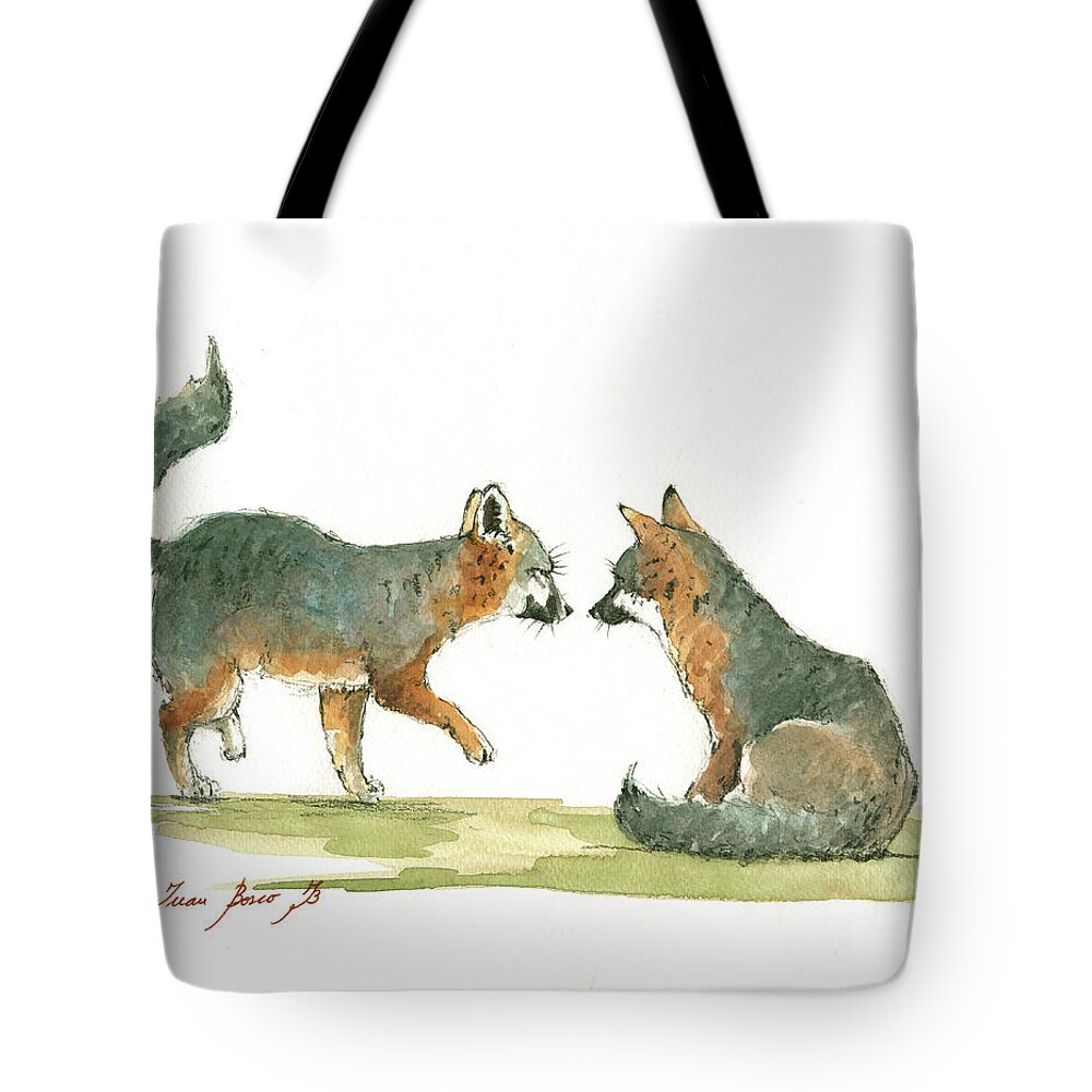 Island Fox Tote Bag featuring the painting Island foxes by Juan Bosco
