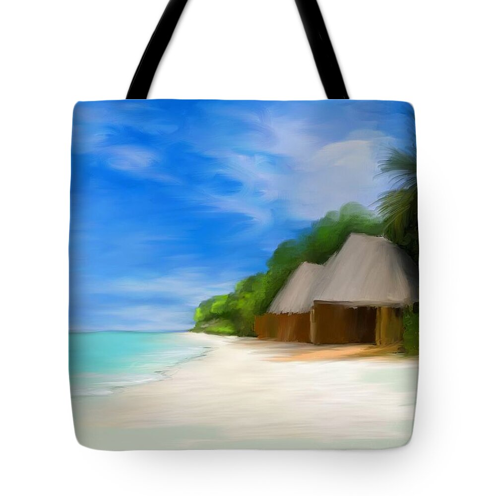 Antthony Fishburne Tote Bag featuring the digital art Island Tiki Huts by Anthony Fishburne