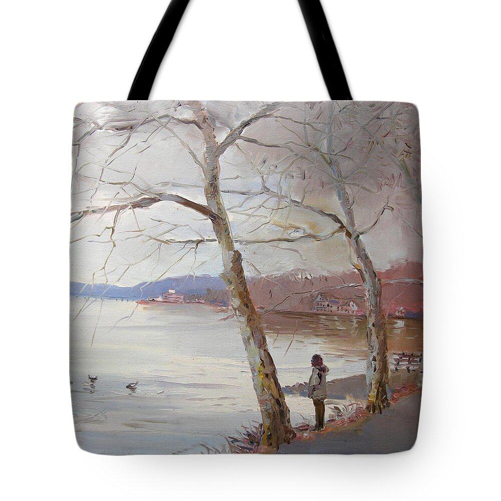 Hudson River Tote Bag featuring the painting It Looks like Rain by Ylli Haruni