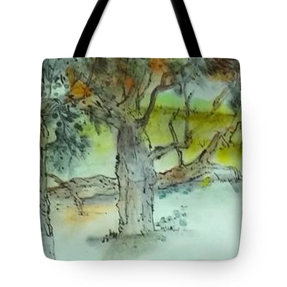 Italy. Puglia. Landscape. Trullo. Sheep Tote Bag featuring the painting Italian landscape scroll by Debbi Saccomanno Chan