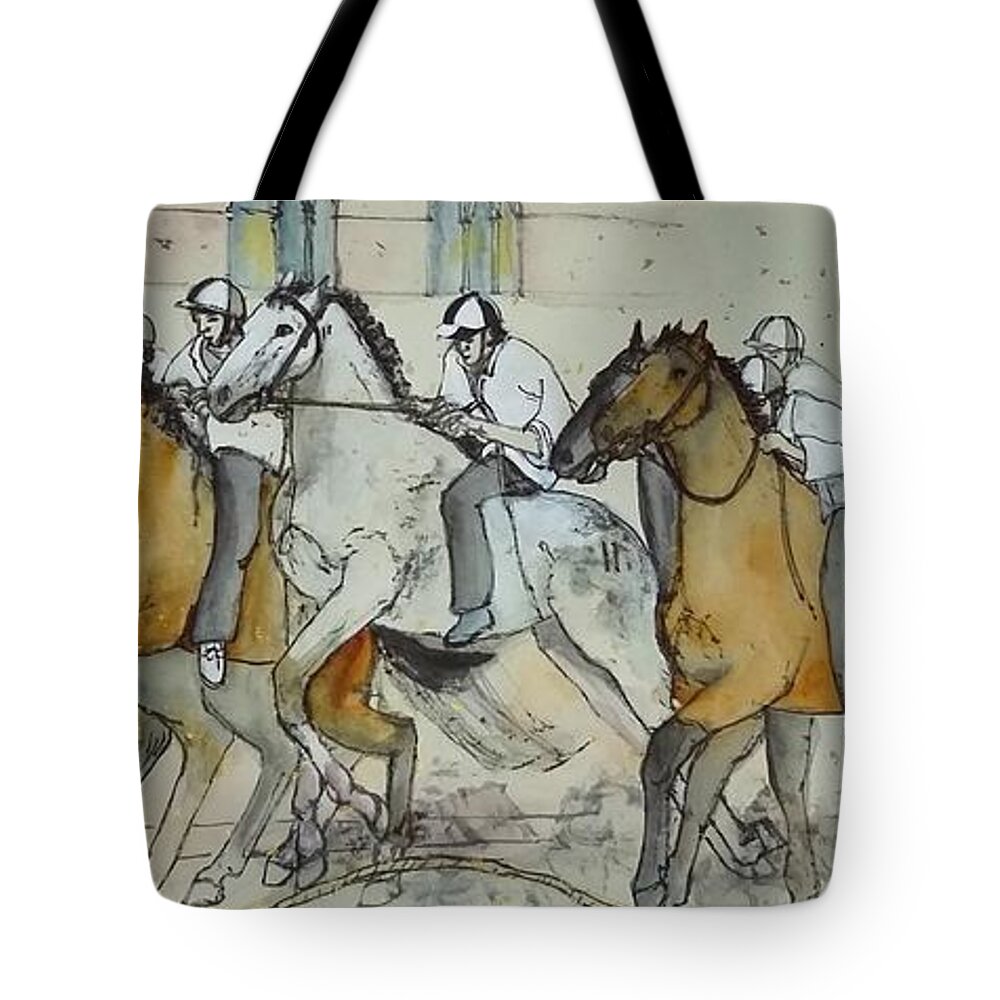 Italy. Il Palio. Siena.italy. Landscape. Cityscape. Equine. Figures. Tote Bag featuring the painting Italy love scroll by Debbi Saccomanno Chan
