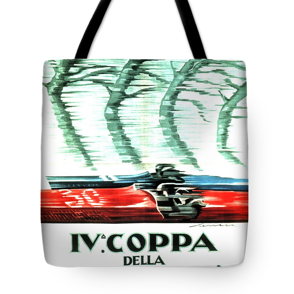 Vintage Tote Bag featuring the mixed media IV Coppa Della Perugina - Vintage Italian Car Advertisment Poster by Studio Grafiikka