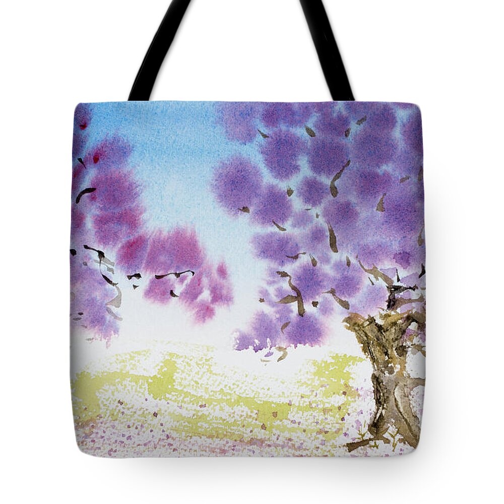 Argentina Tote Bag featuring the painting Jacaranda trees blooming in Buenos Aires, Argentina by Dorothy Darden