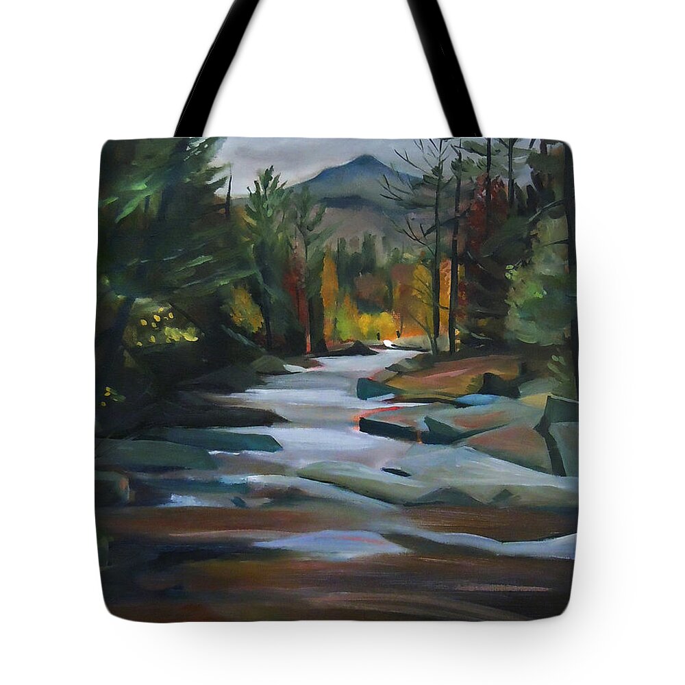 Jackson Falls Tote Bag featuring the painting Jackson Falls Plein Air Card Art by Nancy Griswold