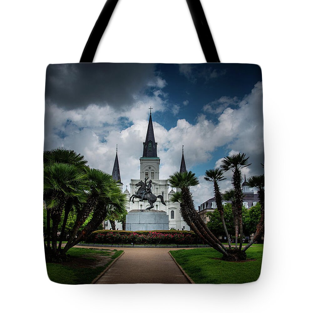 Andrew Jackson Tote Bag featuring the photograph Jackson Square Sunrise by Greg and Chrystal Mimbs