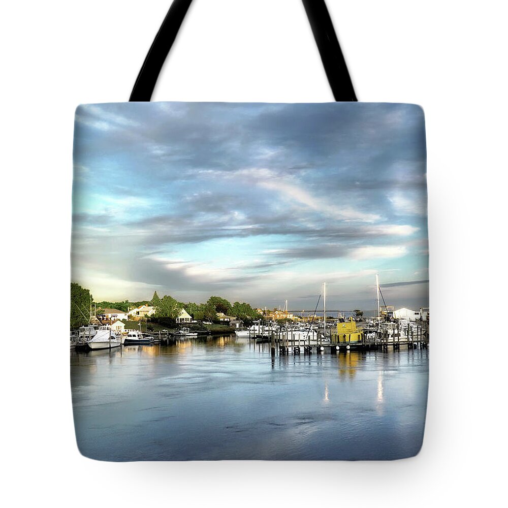 Marina Tote Bag featuring the photograph Hampton Bays Marina by Jim Hill