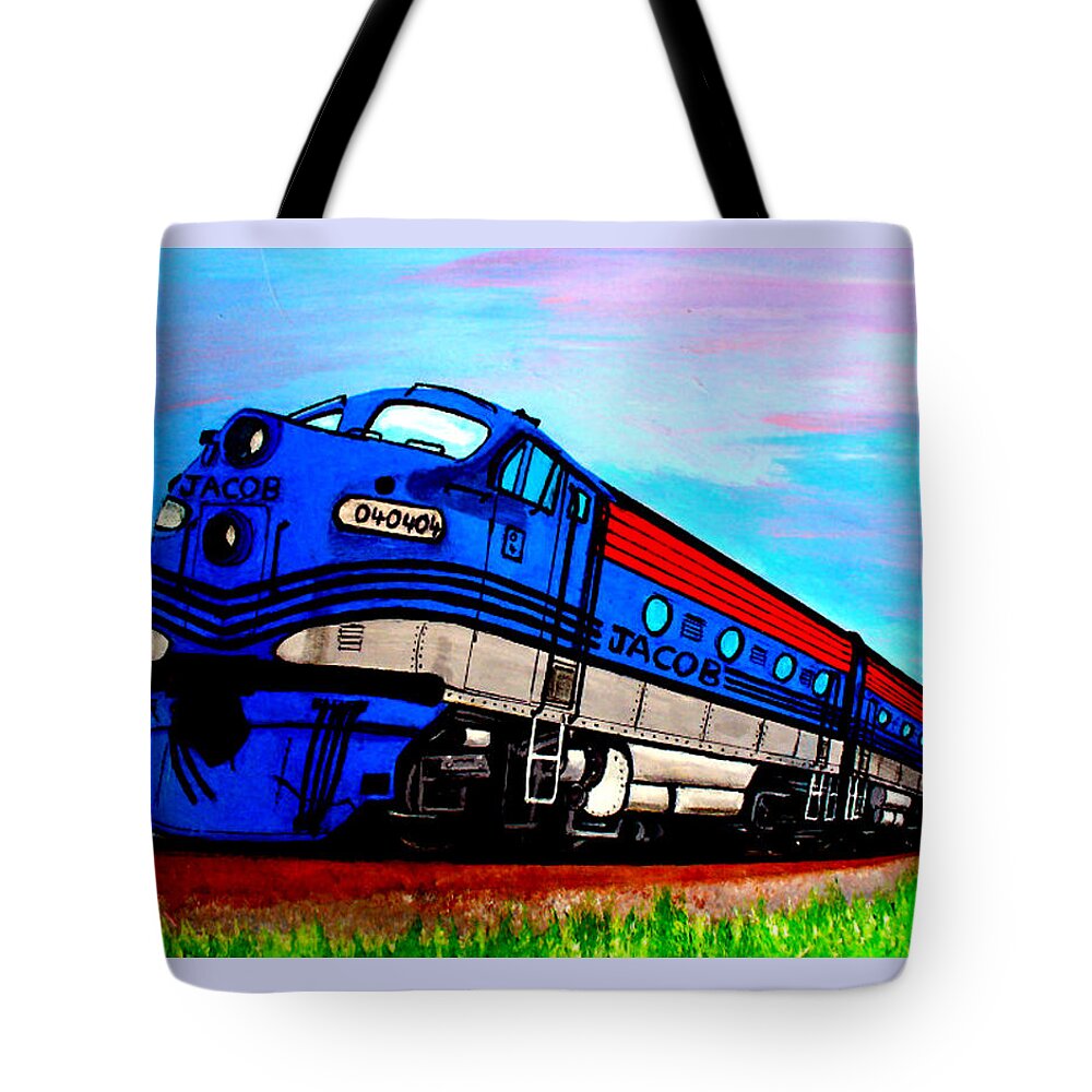 Trains. Poetry Tote Bag featuring the painting Jacob The Train by Pj LockhArt