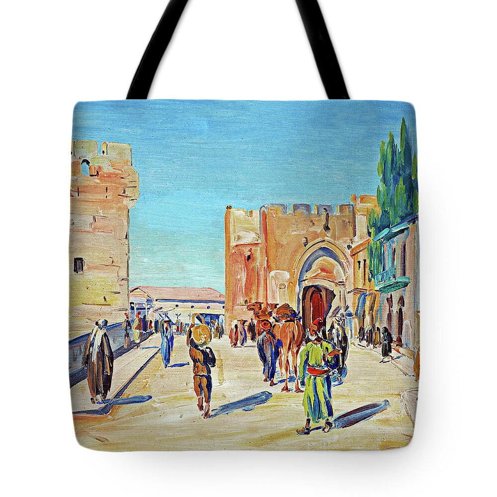 Jerusalem Tote Bag featuring the painting Jaffa Gate Painting 1926 by Munir Alawi