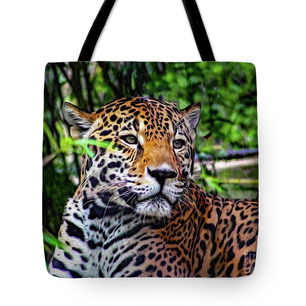 Jaguars Tote Bag featuring the mixed media Jaguar at Peace by DB Hayes