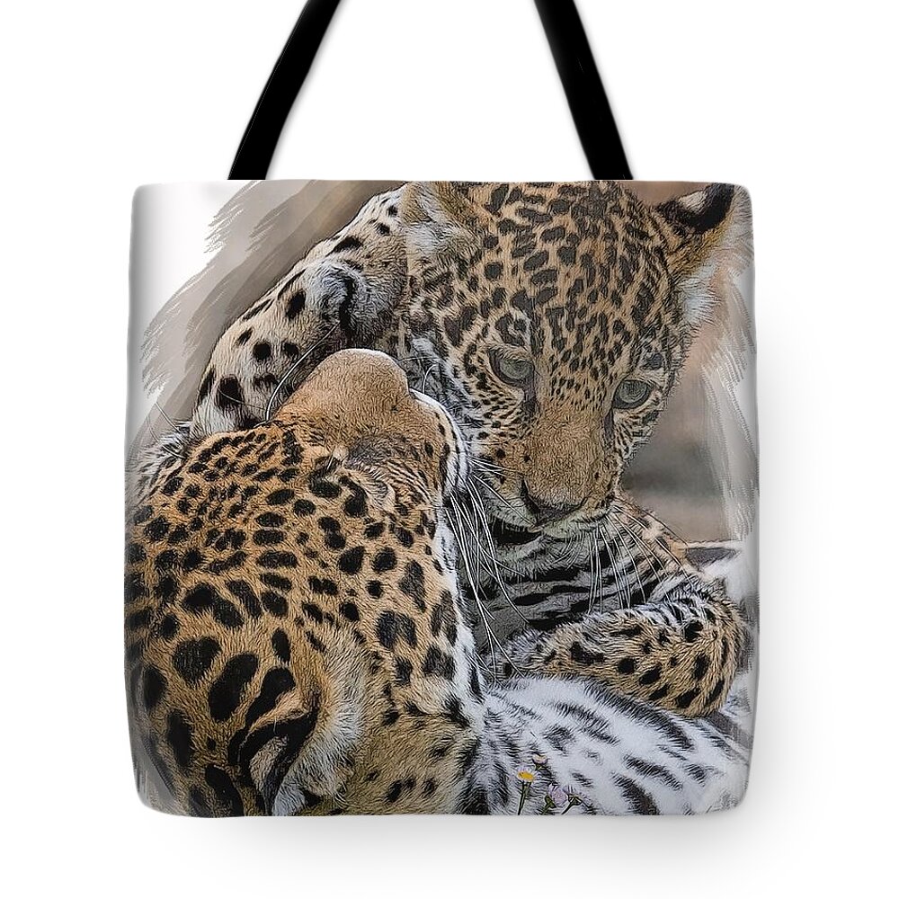 Jaguar Tote Bag featuring the digital art Jaguar Mother And Cub 4 by Larry Linton